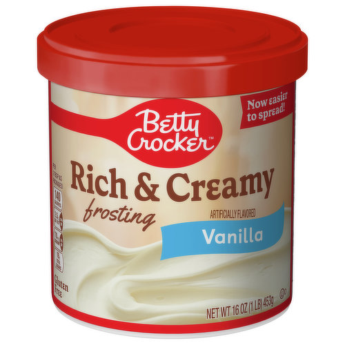 How will you enjoy the rich, decadent flavor of our creamy and delicious frosting? Betty Crocker Gluten Free Vanilla Flavored Frosting perfectly tops all your cakes, cupcakes and cookies for the whole family to enjoy. Just pop open the can, spread the frosting and share! Instant gluten-free gratification!

For more than a century, Betty Crocker has been a popular creator of  easy, delicious recipes. Today, the Betty Crocker kitchen is still providing convenient, tasty dessert mixes, frostings, and convenient meal options and side dishes. And today, you can still find that same simple goodness — those same products you grew up with — on grocery shelves around the world.