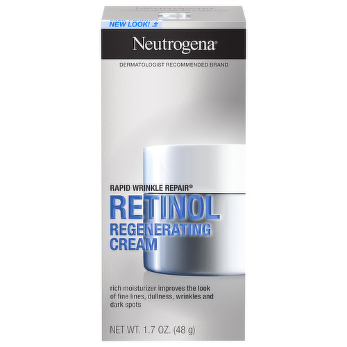 Reveal visibly younger looking skin in just one week with Neutrogena Rapid Wrinkle Repair Retinol Regenerating Anti-Aging Face Cream. This anti-wrinkle moisturizer with hyaluronic acid & retinol contains a unique combination of ingredients that helps moisturize, regenerate and smooth the look of skin. Anti-aging formula with dermatologist-proven retinol, a powerful ingredient that fights fine lines, dullness, wrinkles and dark spots. This anti-wrinkle retinol cream also contains hyaluronic acid, which adds plumping moisture to help hydrate and rejuvenate the look of skin. Neutrogena Rapid Wrinkle Repair Retinol Cream is suitable for daily use and is a great part of your at-home skincare routine. Plus, it is free of parabens, mineral oil and dyes and comes from the number 1 retinol brand used most by dermatologists.