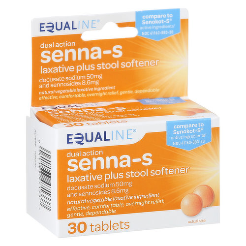 In Each Tablet: Other Information: Each tablet contains: calcium 30 mg. Each tablet contains: sodium 6 mg (Low sodium). Store at 25 degrees C (77 degrees F); excursions permitted between 15-30 degrees C (59-86 degrees F) Laxative plus stool softener. Docusate sodium, 50 mg and sennosides, 8.6 mg. Natural vegetable laxative ingredient effective, comfortable, overnight relief, gentle, dependable. Compare to Senokot-S active ingredients (This product is not manufactured or distributed by Avrio Health L.P., distributor of Senokot-S). 100% Quality Guaranteed: Like it or let us make it right. That's our quality promise. 855-423-2630. Questions or comments? Call toll free 1-855-423-2630. Product of India.