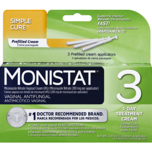 Monistat 3 Vaginal Antifungal, 3 Day Treatment, Prefilled Cream Applicators