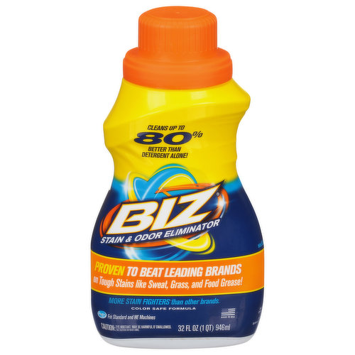 Cleans up to 80% better than detergent alone! Proven to beat leading brands on tough stains like sweat, grass and food grease! More stain fighters than other brands. Color safe formula. For standard and HE machines. Works Great on These Stains & More: Grass; Coffee; Lipstick; Dirt; Juice; Dressing; Sweat; Sauces; Baby food; Gravy; Blood; Greasy foods; Spaghetti sauce; Condiments. BIZ Environmental Commitment: BIZ is recyclable and safe for septic tanks. No chlorine bleach and no phosphate. Do not reuse package for dispensing beverages or other liquids. Offer empty container for recycling. Do not reuse package for dispensing beverages or other liquids. Offer empty container for recycling.