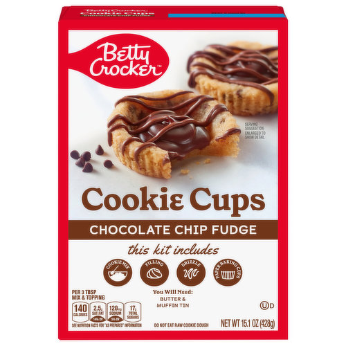 Betty Crocker's Chocolate Chip Fudge Cookie Cups are the perfect sweet treat for any chocolate lover. Cookie mix, fudge filling & chocolatey drizzle make for a tasty sweet treat.