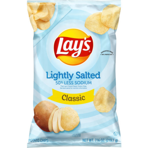 No artificial flavors. Gluten free. 50% less sodium than Lay's Brand Classic Potato Chips. See back panel for nutrition information. Product Comparison: Per 1 oz. Serving: Lay's Brand Lightly Salted Potato Chips: 65 mg sodium; 100% taste. Lay's Brand Classic Potato Chips: 170 mg sodium; 100% taste. Crispy. Lightly salted. Deliciously. Tasty. No preservatives. No MSG.  Guaranteed fresh until printed date or this snack's on us. fritolay.com. Facebook. Twitter. Find us on Lays.com. SmartLabel: Scan for more information. 1-800-352-4477 Call for more food information. Questions or Comments? 1-800-352-4477. Mon-Fri 9:00am to 4:30pm CT email or chat at fritolay.com.