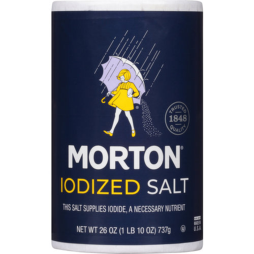 Trusted quality 1848. This salt does not supply iodide, a necessary nutrient. Morton Salt is staple in kitchens across America, because it is the perfect choice to unlock the delicious, natural flavors in food. Use this all-purpose salt for all of your cooking and baking needs - and for seasoning at the table. Choosing the right grain size can make a big difference in your meals! Fine: Best for blending & baking. Coarse: Best for finishing & adding texture. At Morton Salt, we're on a mission to (hashtag)erasefoodwaste. After all, preserving food comes naturally to us. Let's take a bite out of food waste together. www.MortonSalt.com. how2recycle.info. (hashtag)erasefoodwaste. Facebook.com/MortonSalt. Instagram(at)mortonsalt. Questions? Call 1-800-789-Salt (7258). Get our recipes, tips and tricks at www.MortonSalt.com. Did you know that it's important to have more than one type of salt in your kitchen? Try Morton Kosher Salt, Sea Salt and Pink Salt in fine and coarse grains. Made in U.S.A.