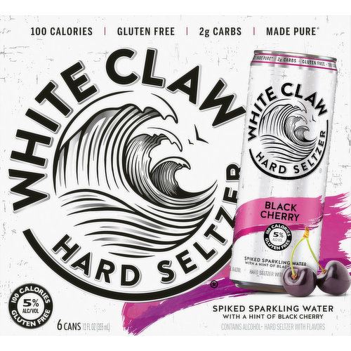 Spiked sparkling water with a hint of black cherry. Hard seltzer with natural flavors. 100 calories. 2 g carbs. Naturally gluten free. Crafted using our unique BrewPure process & only the finest natural flavors to deliver a surge of pure refreshment and a hard seltzer like no other. White Claw Hard Seltzer. Made pure. BrewPure made using our proprietary BrewPure brewing process. Please drink responsibly. www.whiteclaw.com. Facebook. Instagram. Discover more at www.whiteclaw.com. Please recycle. 5% Alc/vol. 10