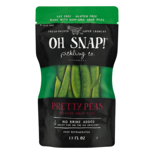 Pickled snap peas. Fat free. Gluten free. Made with non-GMO snap peas. No brine added. Great for on-the-go snacking! Fresh-packed. Super crunchy. No brine added means less mess. Oh Snap! Veggies are a convenient & tasty on-the-go snack. On the road. Ideal for picnics. Toss in a lunchbox. Or, just about anywhere! Where no veggie has gone before. OhSnapPickles.com.