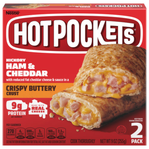 Hot Pockets Sandwiches, Hickory Ham & Cheddar, Crispy Buttery Crust, 2 Pack