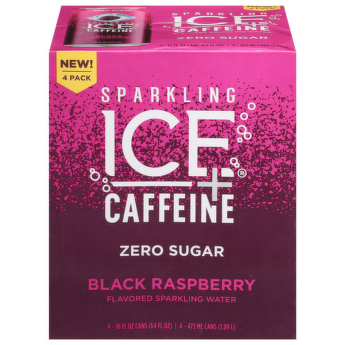 Sparkling Ice +Caffeine Sparkling Water, Zero Sugar, Black Raspberry Flavored, 4 Pack