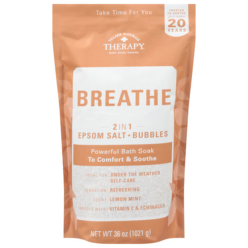 Village Naturals Therapy Bath Soak, Epsom Salt + Bubbles, Lemon Mint, Breathe, 2 in 1