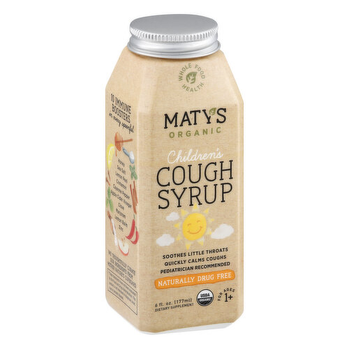 Dietary Supplement. For ages 1+. USDA Organic. Certified Organic by CCOF. Gluten free. Dairy free. Soothes little throats quickly calms coughs pediatrician recommended. Naturally drug free. Our syrup is made with pure, organic honey. It can get thick. Shake vigorously before each use. If more is ingested than the recommended dosage, no need to worry. It's made with whole food ingredients. Contains no artificial preservatives, color additives, sweeteners, corn, soy or wheat. This is produced in a shared facility. Whole food health. 10 Immune Booster in Every Spoonful: honey; sea salt; lemon peel; cinnamon; cayenne pepper; apple cider vinegar; clove; marjoram; lemon balm; zinc. We thoughtfully curate our ingredients from mother nature's cupboard. Mother Nature's Apothecary: When modern medicine didn't work for her baby girl, Maty's mom turned to the inherent wisdom of another Mother Nature to create pure, whole food-based alternatives. Recipes from simpler times that are even more effective today. This bottle is functionally filled to 6 fl oz to leave room for shaking as necessary. matyshp.com. Instagram: Follow us (at)Matys. Vitamin Angels: We donate a portion of every sale to Vitamin Angels. (These statements have not been evaluated by the Food and Drug Administration. This product is not intended to diagnose, treat, cure or prevent any disease.) Made in America with global ingredients.