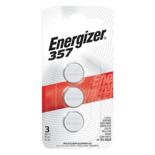 1.55 Vcc. Replaces: 303; A76; AG13; EPX76; LR1154; LR44; SR44SW/W. www.energizer.com. www.energizer.ca. Made in USA.