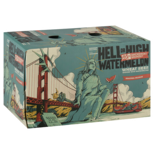 Hell or High Watermelon. Like Lady Liberty. We stand for independence and perseverance, in the pursuit of innovative beer. There is no obstacle too great. No journey too long. No fruit too gigantic. Brewed with real watermelon. This American wheat beer is surprisingly crisp, dry and refreshing - summer in a can. Celebrate the right to be original.