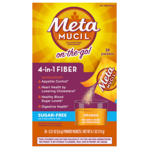 Metamucil Psyllium Fiber Supplement, Sugar-Free, Orange, On-the-Go, Packets