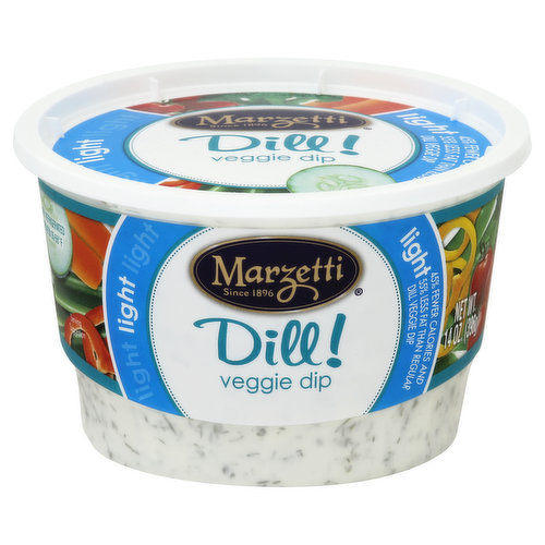Since 1896. 45% fewer calories and 55% less fat than regular dill vinegar dip. Light Dill Veggie Dip - 60 calories and 5 g fat per serving. Regular Dill Veggie Dip - 110 calories and 12 g fat per serving. Produced with genetic engineering. Questions or Comments? 1-800-999-1835. www.marzetti.com.