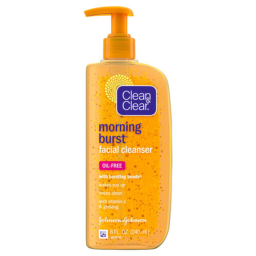 Clean & Clear Morning Burst Facial Cleanser nourishes skin while removing dirt, oil and impurities that build up overnight. Designed to clean and energize, this oil-free daily face wash gently remove dead skin cells and cleanse skin. Its unique formula is made with vitamin C and ginseng for a burst of energy and vitamins, and has an invigorating citrus fragrance to energize your senses so you're ready to face the day. Suitable for everyday use, this foaming facial cleanser can be used as part of your daily morning skincare routine and is ideal for normal, oily, and combination skin types to leave skin feeling beautiful and energized. This citrus face wash is oil-free and hypoallergenic, and rinses clean so it won't clog pores.