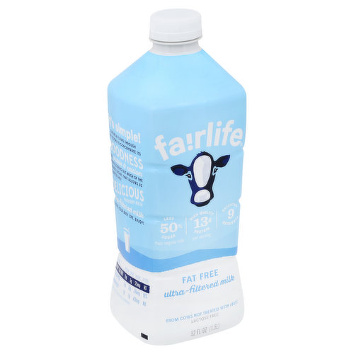 50% less sugar than regular milk. 13 g high quality protein per serving. 9 essential nutrients. From cows not treated with rBST (FDA states: no significant difference has been shown between milk from cows treated and not treated with rBST growth hormones). Lactose free. Learn our story. fairlife.com. Our Promise: We are dairy farmers who believe in better. From our farm in Fair Oaks, Indiana, along with all of our family farm partners, we started Fairlife to provide high quality real milk filtered for wholesome nutrition from farms where we take exceptional care at every step. Extraordinary care for our cows. High milk quality standards. Traceability back to our own farms. Pursuit of sustainable farming. - Mike & Sue McCloskey, Fairlife co-founders, dairy farmers. Real. Recycle me. Remove label before recycling. It's simple! Our milk flows through soft filters to concentrate its goodness like protein & calcium while filtering out much of the natural sugar. That allows us to bottle only delicious nutrient-rich ultra-filtered milk to fuel your busy life. Enjoy! Fairlife Fat Free per Serving: 13 g protein; 6 g sugar; 375 mg calcium; no lactose. Regular Milk per Serving: 8 g protein; 12 g sugar; 276 mg calcium; lactose. Almond Milk (Compared to the leading brand of Almond Milk) per Serving: 1 g protein; 7 g sugar; 451 mg calcium; no lactose. Let's chat! 855-Livefair. Homogenized, pasteurized, grade A.