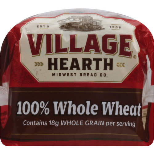 Contains 19 g whole grain per serving. Per 1 Slice Serving: 70 calories; 0 g sat fat (0% DV); 140 mg sodium (6% DV); 2 g total sugars. Estd 1906. 100 years behind the times. From the heart of America and the hearth of our ovens, we are proud to bring you our old-fashioned 100% Whole Wheat bread -packed with a hearty helping of 18 g of whole grain per serving. Thank you! Thank you for buying Village Hearth and helping keep our family-owned bakery strong for over 100 years!  www.panogold.com. Questions? Comments? Please visit panogold.com/contact. The bakers of Country Hearth & Village Hearth are proud to support local K-12 education with Loaves 4 Learning. To learn more about the program visit us at loaves4learning.com. We can all make a difference! Plasitc bags are recycled into many different products. Most plastic bags are recycled into composite deciding but can also be reprocessed into post consumer resin which can be recycled into a variety of products such as new bags, pallets, containers and crates. Go green. Please recycle me with your grocery store bags. Made in USA from domestic and imported ingredients.