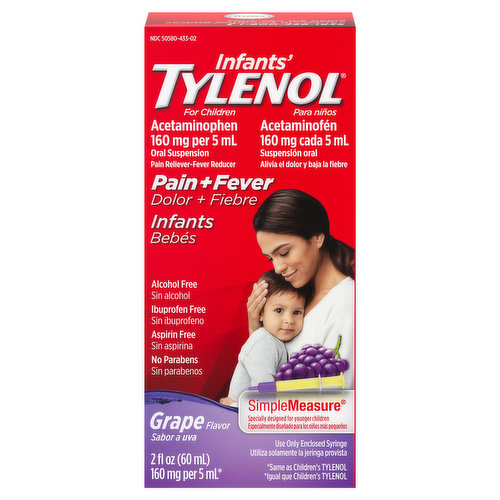 Infants' Tylenol Oral Suspension provides temporary relief from your child's minor aches and pains due to the common cold, flu, sore throat, headache, toothache. The formula of this liquid medicine also temporarily reduces fever and starts working in as little as 15 minutes. Each 5 milliliter dose contains 160 milligrams of acetaminophen, a known pain reliever and fever reducer. Infants' Tylenol is the number 1 pediatrician-recommended brand for teething pain and is gentle on little tummies with a kid-friendly grape flavor. It includes a SimpleMeasure syringe with dosing for children 2 to 3 years of age. For dosing information for children 2 years and under, ask your healthcare professional. Help provide relief for your baby with Tylenol, the number 1 pediatrician-recommended brand of pain reliever and fever reducer.