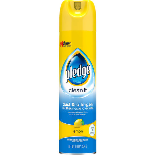 Every day cleaner. Removes allergens from most hard surfaces (Removes dust, the allergens in dust, and pet dander from hard surfaces throughout your home while leaving those surfaces gleaming). Shines & protects. Removing allergens from your hard surfaces is as easy as a quick cleaning. Pledge Multisurface Cleaner gently and effectively. Whether you want to clean it beautify it revive it Pledge has a collection of products for almost every surface and need. Works On: Sealed wood, wood laminate, granite, leather, stainless steel. Not Recommended For: Glass, mirrors. A family company since 1886 - Fisk Johnson. www.scjohnson.com. www.pledge.com. Need recycling information? Questions? Comments? Call 800-558-5252. Visit us at: www.pledge.com. Learn more at: www.scjohnson.com. Environmental Facts: Produced with more than 30% renewable energy; Contains no petroleum-based propellants. Contains no CFCs or other ozone depleting substances. Steel can. Please recycle. Federal regulations prohibit CFC propellants in aerosols.