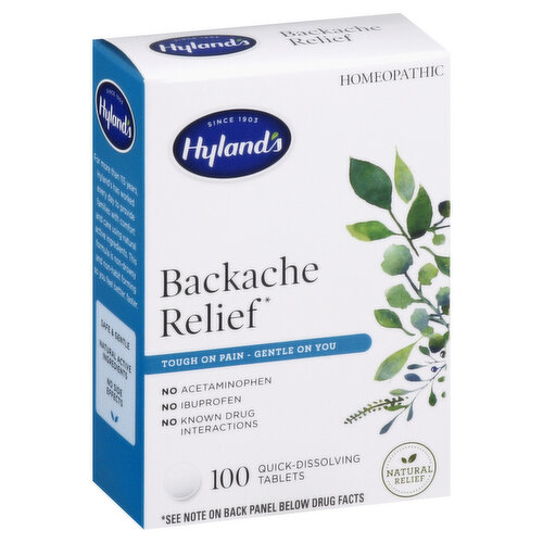 Other Information: Do not use if imprinted sealed for your protection tamper-evident - bottle cap band is broken or missing. Homeopathic. Since 1903. Pain relief (see note on back panel below drug facts. Claim based on traditional homeopathic practice. Not accepted medical evidence. Not FDA evaluated). Tough on pain - gentle on you. No acetaminophen. No ibuprofen. No known drug interactions. Natural relief. For more than 115 years, Hyland's has worked every ady to provide families with comfort and care using natural active ingredients. This formula is non-drowsy and non-habit forming so you feel better, faster. Safe & gentle. Natural active ingredients. No side effects. Package contains one bottle. www.hylands.com. Please recycle.