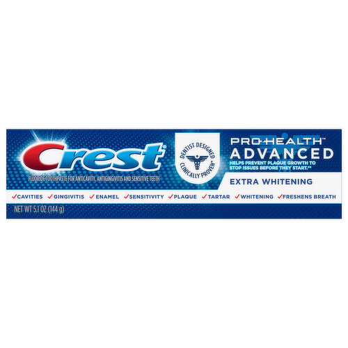 Try Crest Pro-Health Advanced Extra White Toothpaste for the highest level of Crest Pro-Health's Advanced whitening ingredient to remove surface stains*. With patented stannous fluoride technology, Crest Pro-Health Advanced Extra Whitening helps prevent plaque growth to stop issues before they start**. Dentist Designed. Clinically Proven†. From Crest -- America's #1 Whitening Brand. *vs. Crest Pro-Health Advanced Deep Clean Mint Toothpaste**Oral Care issues like cavities and gingivitis†Clinically proven on plaque, gingivitis, and sensitivity benefits