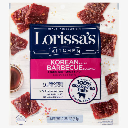 Made with 100% grass-fed beef. 9 g protein per serving. Gluten free. Real snack solutions. Korean recipe. Seasoned & smoked. No preservatives. No added MSG (Except for that naturally occurring in the yeast extract & soy sauce). No added nitrites (Except for those naturally occurring in sea salt & celery extract). Beef raised without added growth hormones. No added MSG except for that naturally occurring in yeast extract & soy sauce. No added nitrites except for those naturally occurring in sea salt & celery extract. Made with sea salt. Korean recipe. Barbecue seasoned. Tender beef steak strips marinated in soy sauce and brown sugar with hints of garlic and onion then flame-kissed for that char-grilled flavor the whole family will love. Satisfaction Guarantee: This product is guarantee to satisfy or we'll replace it. (with proof of purchase). US inspected and passed by Department of Agriculture. LorrissasKitchen.com. Follow us (at) Facebook, Instagram, Pinterest. Packaged in the USA.