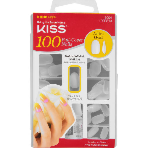 Bring the salon home. Holds polish & nail art for lasting wear. Trim & file to any shape. Includes 10 sizes up to 5 manicures! Polish & design your manicure! Glue on 7-day wear. Quality products that deliver salon results. KISSusa.com. Made in Korea. Assembled in China.