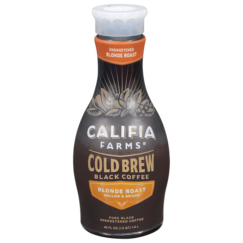 Mellow & bright. Just like our California home, we're named after the legend of Queen Califia. 100% Arabica coffee. Caffeine Strength: Strong: less than 150 mg per serving. Cupping notes: Blackberry, cacao, brown sugar. Brewed to blend, this is straight-up unsweetened cold brew. Sip it straight or customize with Califia plant-based milks and creamers. Carrageenan free. Always plant-based. Rainforest Alliance People & Nature. Rainforest Alliance Certified Coffee. Find out more at ra.org. Remove label to recycle.