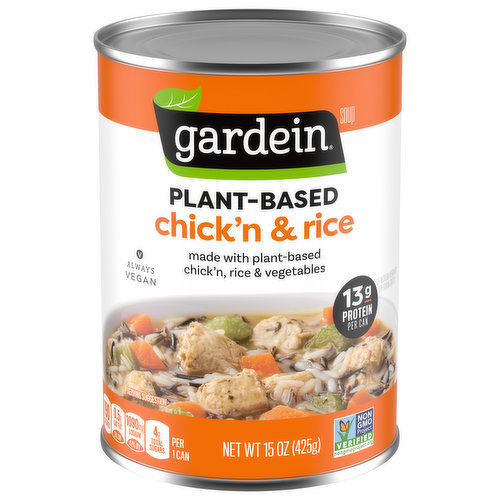 Plant your spoon right here. What's warm, wild & tempting all over? This crave-worthy Chick'n & Rice soup will bowl you over with plant-based chick'n, carrots, celery, white and wild rices all simmered in a blend of classic spices. Because where there's protein rooted in plants, there's Gardein.