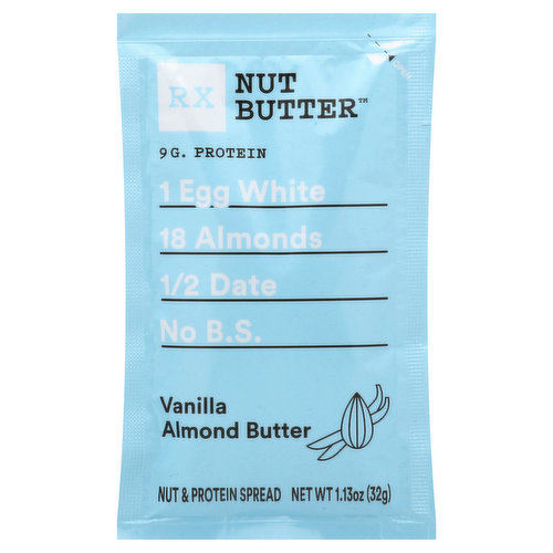 9 g protein. Gluten free. 1 egg white. 18 almonds. 1/2 date. No B.S. Quantities of ingredients listed on front determined by net weight. www.rxbar.com.