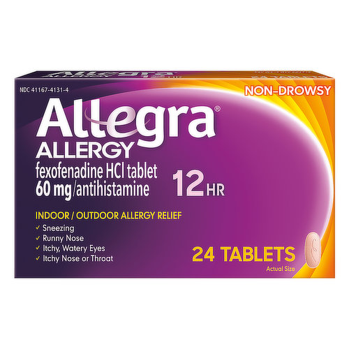 In Each Tablet: Other Information: Safety Sealed: Do not use if carton is opened or if individual blister units are torn or opened. Store between 20 and 25 degrees C (68 and 77 degrees F). Protect from excessive moisture. Fexofenadine HCl tablet. 60 mg/antihistamine. Sneezing. Runny nose. Itchy, watery eyes. Itchy nose or throat. www.allegra.com. Questions or comments? Call toll-free 1-800-633-1610 or www.allegra.com. Origin Germany.