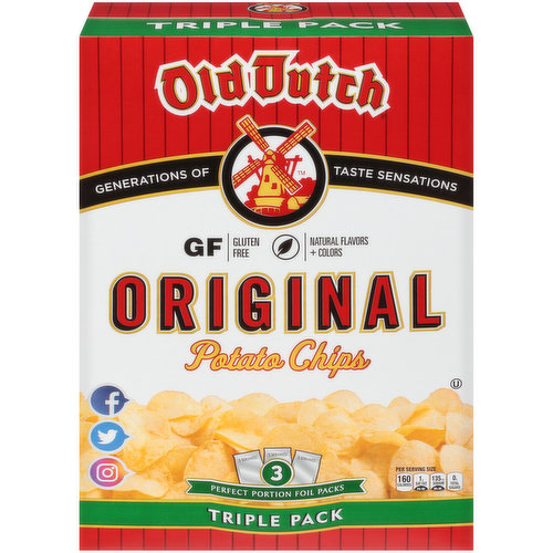 Natural flavors + colors. Per Serving Size: 160 calories, 1 g sat fat (5% DV), 135 mg sodium (6% DV), 0 g total sugars. Gluten free. Generations of taste sensations. 5 servings. 3 perfect portion foil packs. Quality lives here. Generations of Taste Sensations: For almost a century, Old Dutch Foods has been committed to creating taste sensations for our amazingly loyal customers, especially here in the upper midwest. Like the time honored tradition, generations of all ages continue to choose Old Dutch for something that is simply and uniquely ours. From classic tastes to our latest innovations of tastes for this generation, we thank all of you who have made our products your favorite for so many years and we look forward to serving your families, friends, and tastes in the years ahead. Keep your chips ready to go when you are! This handy triple pack box contains three 5 oz Old Dutch portion control packs. Each has 5 servings, just right for a great snack or lunch for the family. Great portion control, one Old Dutch pack at a time. Open a pack today, still have a fresh unopened pack for tomorrow. Always enjoy that extra-irresistible, just-opened-a-pack taste. Our Signature boxes also make it easy to pack and protect your favorite Old Dutch chips for picnics or weekends at the cabin. www.olddutchfoods.com. Facebook. Twitter. Instagram. Follow us on Facebook, Twitter, and Instagram.  Look for all our delicious products and taste sensations at www.olddutchfoods.com. Carton made from 100% recycled paper. Minimum 85% Post-consumer content. Generations of Taste Sensations
For almost a century, Old Dutch Foods has been committed to creating Taste Sensations for our amazingly loyal customers, especially here in the Upper Midwest. 
Like the time honored tradition, generations of all ages continue to choose Old Dutch for something that is simply and uniquely ours. 
From classic tastes to our latest innovations of tastes for this generation, we thank all of you who have made our products your favorite for so many years and we look forward to serving your families, friends, and tastes in the years ahead.; Keep your chips ready to go when you are! This handy Triple Pack box contains three 5-oz. Old Dutch Portion Control Packs. Each has 5 servings, just right for a great snack or lunch for the family

 Great portion control--one Old Dutch Pack at a time.

 Open a pack today, still have a fresh unopened pack for tomorrow.

 Always enjoy that extra-irresistible, just-opened-a-pack taste.
Our signature boxes also make it easy to pack and protect your favorite Old Dutch chips for picnics or weekends at the cabin.