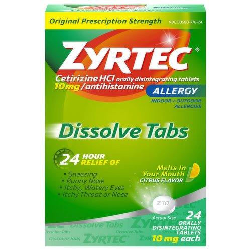 Zyrtec Allergy, Original Prescription Strength, 10 mg, Citrus Flavor, Tablets