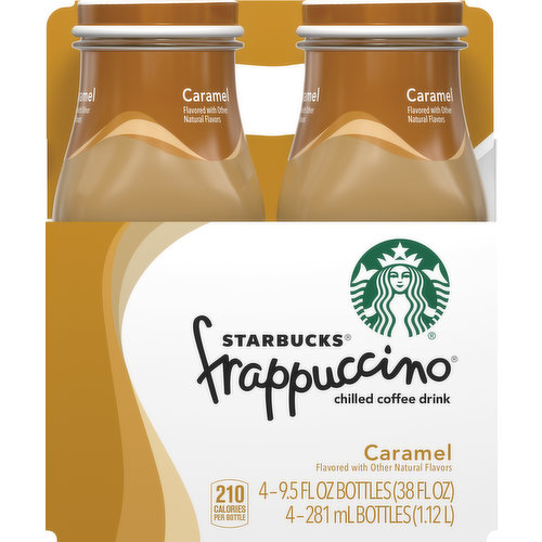 Caramel flavorred with other natural flavors. 210 calories per bottle. Pop the cap. Savor the sip. Go. Caramel Frappuccino chilled coffee drink is a blend of Starbucks coffee and milk swirling with Caramelly flavor. For a sweet burst of delicious. Frappuccino.com. Check us out at Frappuccino.com. Want more creamy, coffee yum? Try other flavors like mocha light and vanilla light with 100 calories per bottle. Made from 100% recycled fiber with at least 35% post-consumer material.