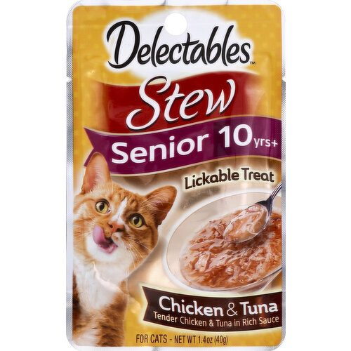 Tender chicken & tuna in rich sauce. Hartz Delectables Stew Chicken & Tuna is a delicious combination of tender real chicken & real tuna in a rich sauce for a lickable treat your cat will crave. And, it supports your senior cat's health with vitamin E and B vitamins. Hartz.com. Calorie Content: 350 kcal ME/kg (calculated. Calories Per Pack: 14 kcal ME/40 g. Product of Thailand.
