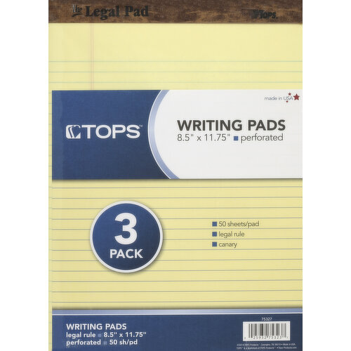 8.5 x 11.75 inch. Perforated. The legal pad. 50 sheets/pad. Made in USA.