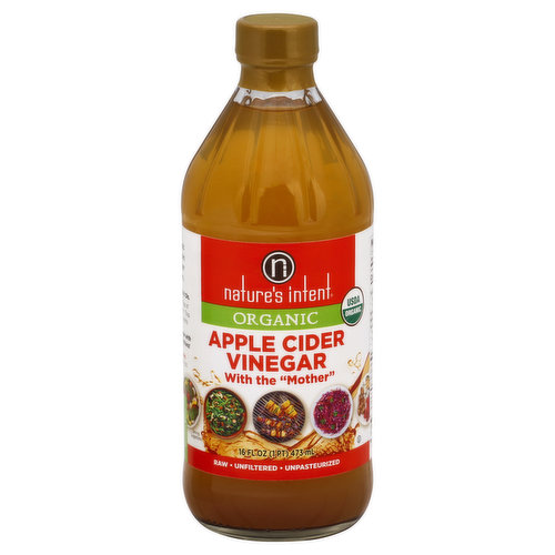 With the Mother. Raw. Unfiltered. Unpasteurized. USDA organic. Nature's Intent Organic Apple Cider Vinegar can brighten & awaken your favorite foods & recipes. Since 1804, we have crafted vinegar with care in our family for eight generations! naturesintentvinegars.com. Questions or comments, please call: 1-866-819-2323. Gluten free. Certified organic by Quality Assurance International.