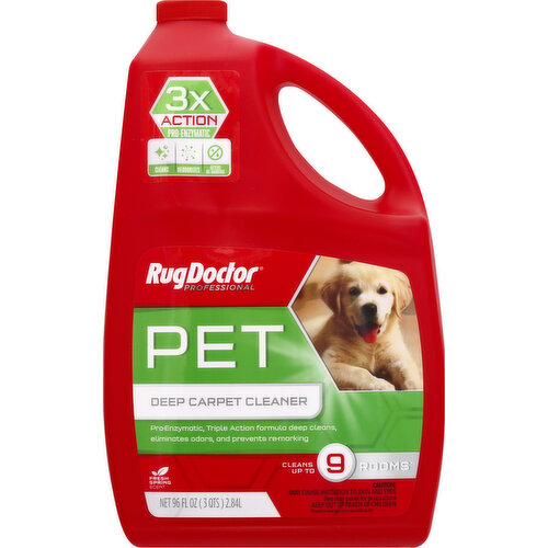 Pro-Enzymatic, triple action formula deep cleans, eliminates odors, and prevents re-marking. 3x action pro-enzymatic cleans, deodorizes, deters re-marking. Cleans up to 9 rooms (Based on average room size (180 sq ft)). Triple action pet deep carpet cleaner. 1. Deep cleans with Pro-enzymatic formula, scientifically engineered to eliminate stains and odors from pet accidents. 2. Deodorizes with patented odor neutralizers that discourage re-marking. 3. Protects with SpotBlok technology to prevent spills and stains from setting in. Safe for pets and kids. The Carpet and Rug Institute seal or approval. carpet.rug.org. (CRI test measures soil removal and is the industry standard Certified with Rug Doctor cleaning machines). rugdoctor.com. For more ingredients info or to learn more visit rugdoctor.com or call 1-800-784-3628. Printed in U.S.A.