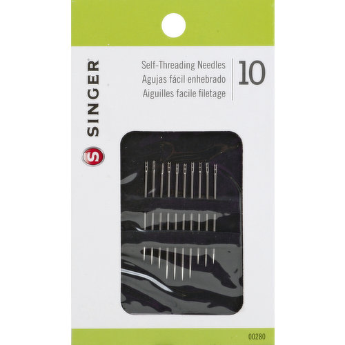 10. Includes: Assorted sizes. Easy to thread needles - slip thread into groove at top of needle and pull down into the eye. Made in China.