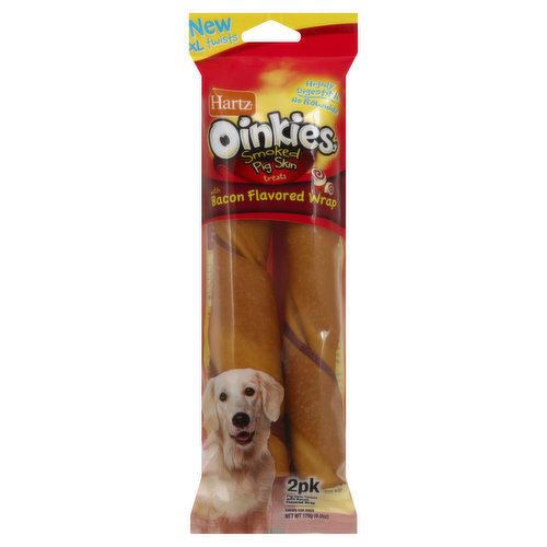 Chews for dogs. Pig skin twists with bacon flavored wrap. Highly digestible. No rawhide. New XL twists. Hartz Oinkies Smoked Pig Skin Treats with Bacon Flavored Wrap are oven baked, savory pig skin twists wrapped with the irresistible flavor of bacon that dogs love! Satisfy your dog's instinct to chew with this long-lasting, tasty treat. Now in extra large twists for even more chewing fun! Great for large dogs. Oinkies Smoked Pig Skin Treats are baked, then smoked  and then baked again to lock in that rich, savory flavor that your dog can only get from Oinkies. Oven baked. Dual-Flavor Treat: Smoky pig skin and savory bacon. No rawhide. Highly digestible. Dogs will finish the entire treat. Calorie Content: 3230 kcal/kg. Facebook: Follow Hartz on Facebook. Visit Our Website: www.Hartz-Oinkies.com. Treated by irradiation. Made in Thailand.
