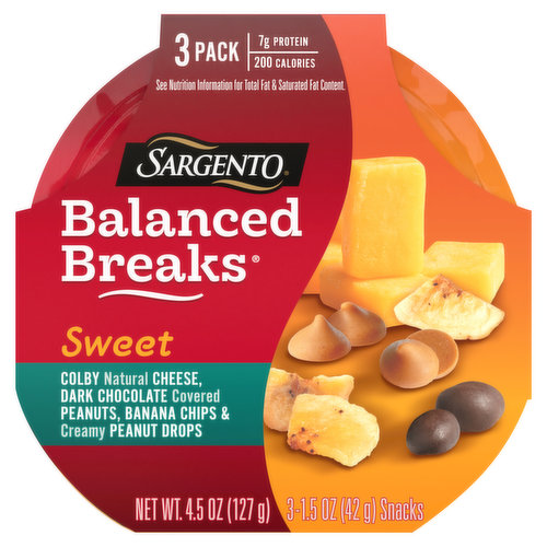 Sargento Balanced Breaks, Sweet, Colby/Peanuts/Banana Chips/Peanut Drops, 3 Pack