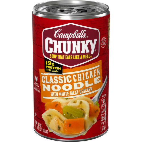 Campbell’s® Chunky® Classic Chicken Noodle Soup isn’t just tasty—it's made to work as hard as you do. With never-ending big flavors and bold ingredients, this comfort food classic is capable of fueling even the heartiest appetite. This ready-to-eat chicken soup is crafted with big pieces of chicken meat with no antibiotics, chunks of carrots and celery, and enriched egg noodles. Each can has 19 grams of protein. It Fills You Up Right®. Just pop this ready to serve soup in a microwave-safe bowl, heat and enjoy. Or, warm it over the campfire on your outdoor adventures. Whether you’re looking for quick and easy to microwave soups for home or something to take on the go, Campbell’s® has you covered. The soup can is recyclable for easy disposal. Take on the great outdoors with Campbell’s® Chunky® Classic Chicken Noodle Soup—Soup That Eats Like a Meal®.
