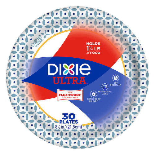 8-1/2 in. (21.5 cm). With flex-proof technology. Holds 1-1/4 lb of food. Soak proof shield. Microwaveable. Cut resistant. Dixie Ultra plates and bowls will handle your heavy, messy meals, so you can focus on great conversations and not the dishes. Dixie be more here. www.dixie.com. Like us on Facebook: DixieProducts. Follow us on Twitter: (at)DixieProduct. Follow us on Instagram: (at)dixie. Visit us on Pinterest: pinterest.com/dixieproducts. If you have any questions or comments, please call toll-free 1-800-2TellGP. Connect with Dixie: www.dixie.com. Made in the USA.
