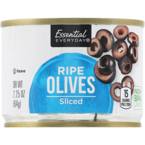 15 calories per 2 tbsp. Gluten free.  Because olives are rich in olive oil, it may occasionally appear and solidify in the can and brine and on the olives 100% quality guarantee. Like it or let us make it right. That's our quality promise. 877-932-7948; essentialeveryday.com. essentialeveryday.com. Non-BPA lining (Can liner not derived from Bisphenol-A [BPA]). Please recycle. Product of USA.