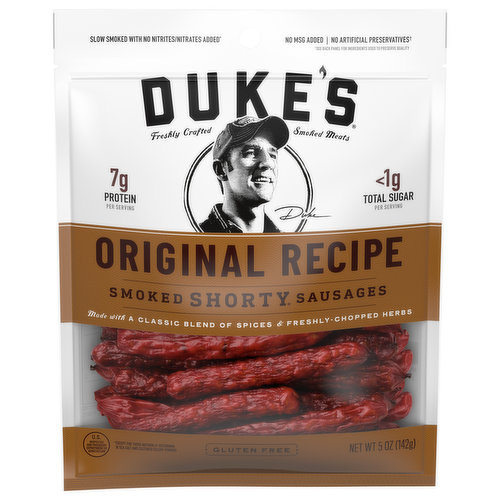 Slow smoked with no nitrites/nitrates added (Except those naturally occurring in sea salt and cultured celery powder). Freshly crafted smoked meats. Real ingredients taste better. I believe smoked meats should be made with real ingredients. Why? When you season and marinate fresh meats with whole, roasted, or diced ingredients from farms - not just dried spices - you get a fresher homemade flavor. It's not the easiest way to do things, or the quickest, but I think you'll agree you can taste the difference. -Duke. This Batch Was Freshly Crafted with: Classic Spices & Herbs: This is the recipe that started it all. We begin with a simple blend of classic spices before adding chopped green Italian parsley and a touch of real roasted garlic to give these Smoked Shorty Sausages their authentic old world flavor. Fresh, Never-Frozen Pork: We start with fresh, never frozen pork that has never been given added hormones (Except those naturally occurring in sea salt and cultured celery powder). Hickory Hardwood Smoke: Smoked with 100% pure hickory wood for a deep, traditional smoke flavor. Small Batch Care: Batch case qty. Hand-hung and slow-dried for days in small limited-size batches. No liquid smoke (Except those naturally occurring in sea salt and cultured celery powder). If you can't pronounce an ingredient, don't use it.