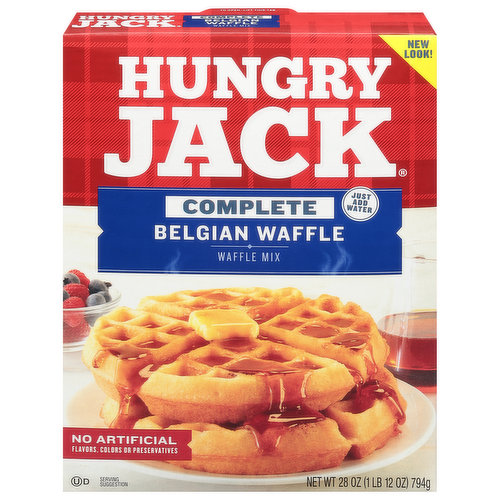 New look! Just add water. Waffles are just pancakes with abs. For over 70 years Hungry Jack has been working hard to give you easy ways to enjoy simple, delicious meals that satisfy. There's no frills or fuss, just the great taste of hearty meals that turn out right every time. So pull up a chair and dig into delicious. Flap-jacking made easy with Hungry Jack syrup! Pour on Hungry Jack Syrup with an easy pour cap & microwavable bottle.
 Please recycle.