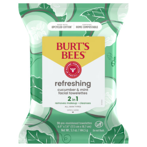Burt's Bees Facial Towelettes, Cucumber & Mint, Refreshing