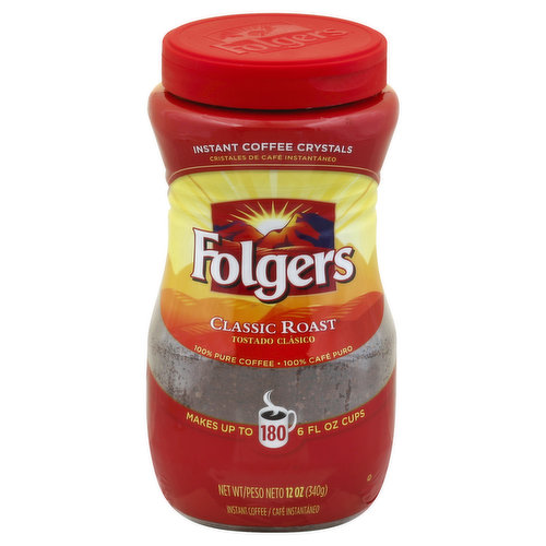 Makes up to 180 - 6 fl oz cups. 100% pure coffee. Awaken your senses with the rich aroma of Folgers Instant Coffee Crystals - with an easy-open flip top lid! Questions? 1-800-937-9745. www.folgers.com.