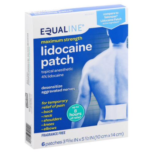 3-15/16 in x 5-1/2  in (10 cm x 14 cm). Topical anesthetic. 4% lidocaine. Desensitize aggravated nerves. For temporary relief of pain, back, neck, shoulders, knees, elbows. Up to 8 hours of relief. Fragrance free. Compare to Salonpas Lidocaine patch active ingredient (This product is not manufactured or distributed by Hisamitsu Pharmaceutical Co., Inc., owner of the registered trademark Salonpas).  100% quality guaranteed. Like it or let us make it right. That's our quality promise. supervaluprivatebrands.com. Questions or comments? 1-877-932-7948. Made in Taiwan.