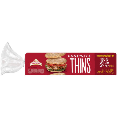 6 pre-sliced 100% Whole Wheat Sandwich Thins rolls made with premium ingredients like olive oil and sea salt